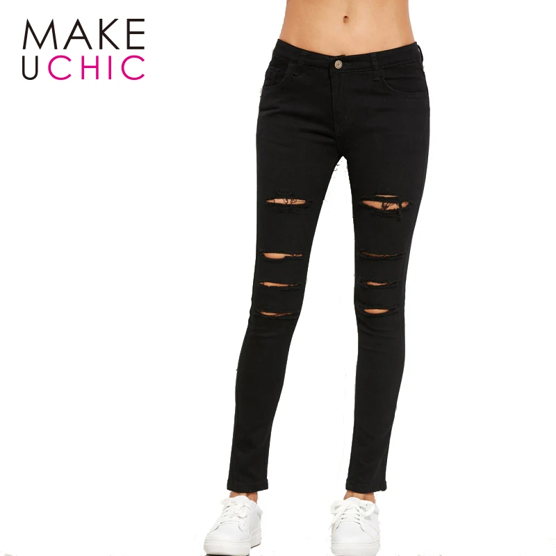 MAKEUCHIC Apparel 2017 Black Solid Hole Zipper Pencil Pants Casual Slim