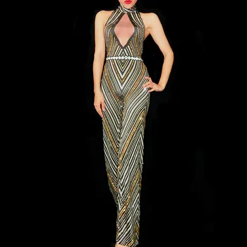 

Women's Sparkly Crystals Sexy Jumpsuit Costume One-piece Nightclub Dance Stripe Printed Outfit Party Stage Celebrate Wear DJ DS