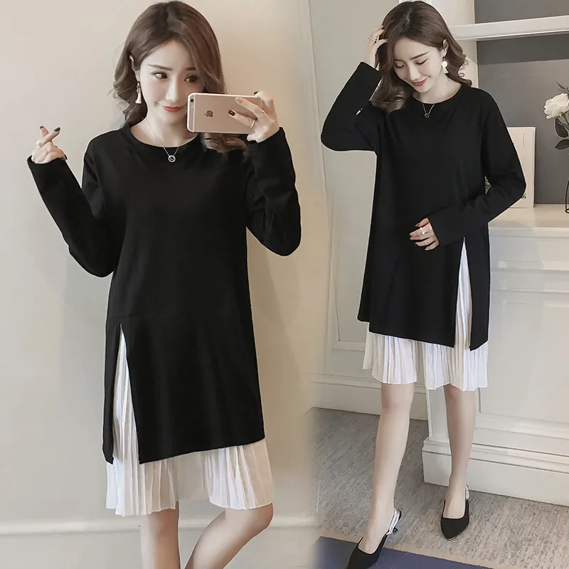 

2018 New Long Fake Two Pieces of Korean Maternity Dress Stitching Pleated Dresses For Pregnant Women Dress Pregnant Clothes