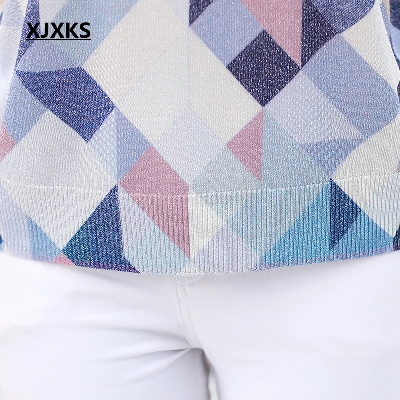 XJXKS Новая мода геометрический узор тонкий свободный топ с круглым вырезом короткий рукав Camisas Mujer вязать футболка Для женщин топы