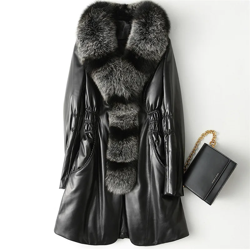 Пальто из натуральной кожи большого размера, женский длинный пуховик, Зимний пуховик из овчины, плотное теплое пальто с воротником из лисьего меха FC62