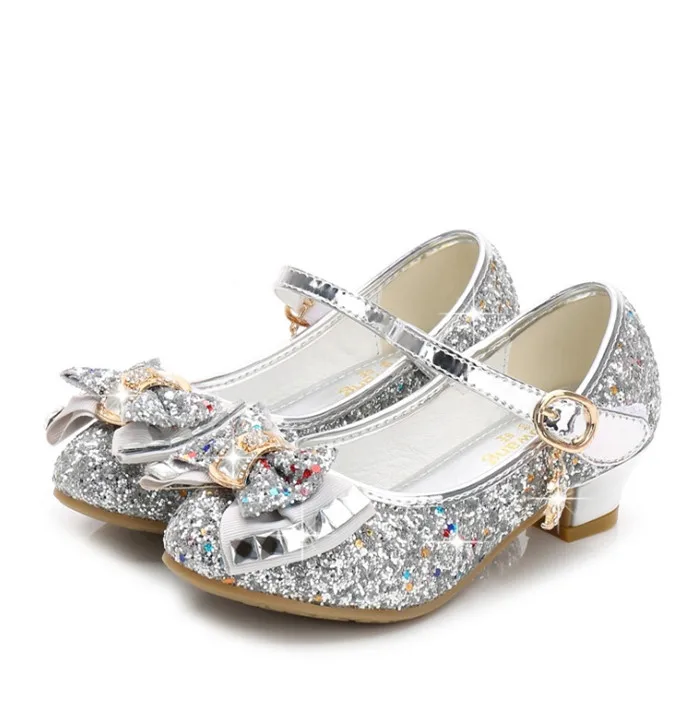 MXHY2019New летнее платье, расшитое блестками, для девочек маленькая обувь на высоком каблуке с бантом; обувь для маленьких детей милые детские туфли принцессы; Размеры 26-38