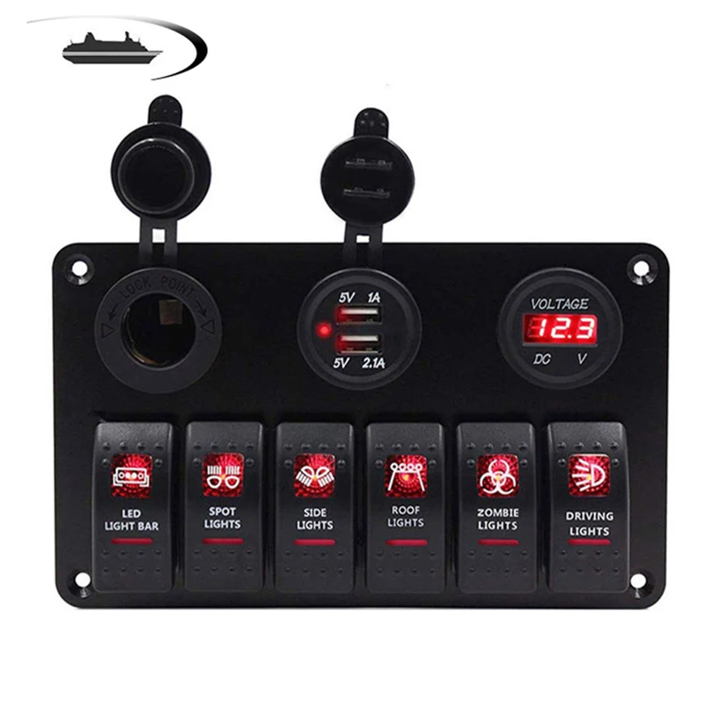 

12-24V Rocket Switch Panel for Boat Car Marine Circuit Breakers Power Outlet Dual USB Socket Charger Digital Voltage volt 12v 24