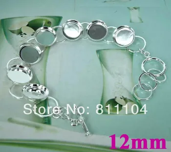 

12mm Silver tone Plated Copper Round Circel Edge Bezel Tray Link Chain Buckle Bracelet Settings Blank Jewelry Making Wholesale