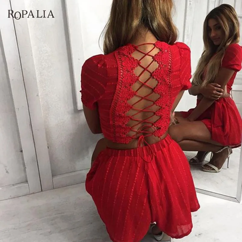 ROPALIA Club, короткие штаны, женские модные костюмы из двух частей, для девушек, с круглым вырезом, сексуальный, с коротким рукавом, на спине, бандаж, Женский комплект - Цвет: Красный