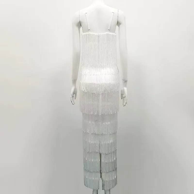 High Quality White Slip Tassel V-neck Long Bodycon Rayon Bandage Dress Evening Party Dress (3)