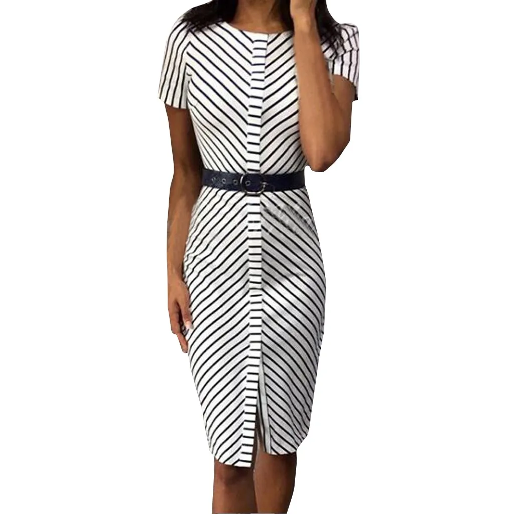 

Office Lady Workwear Striped Straight Slim Short Sleeve Elegant Dress Summer Outdoor Casual Daily Dress Belt Elegant Work Dress