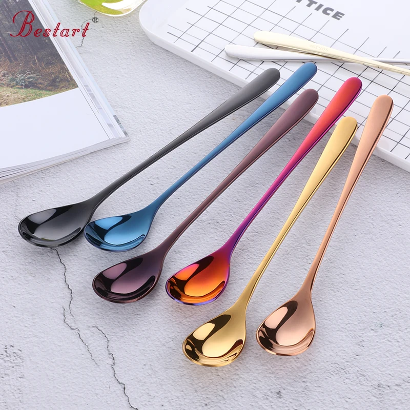 12pcs/lot Stainless Steel Coffee& Tea Spoon With Long Handle Kitchen Colourful Coffee Mixing spoons Ice Cream Dessert Spoons