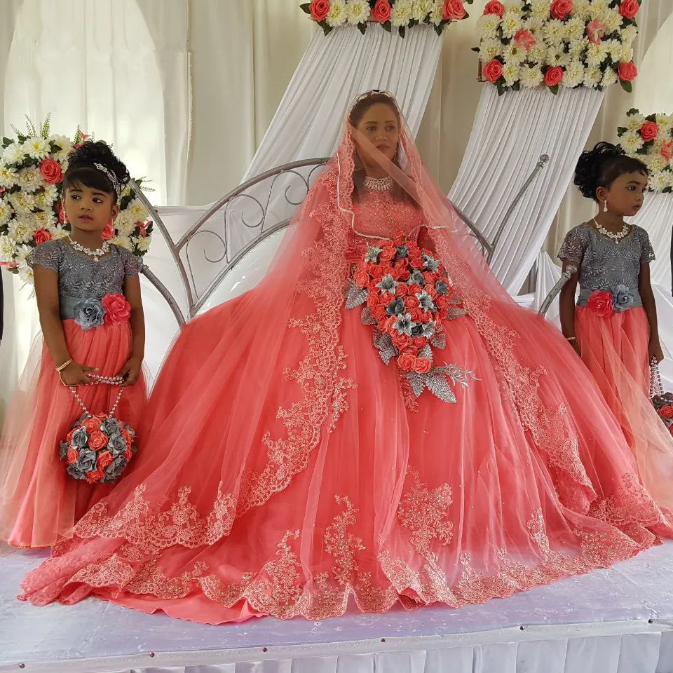 Peach long Sleeve Lace Wedding Dress 