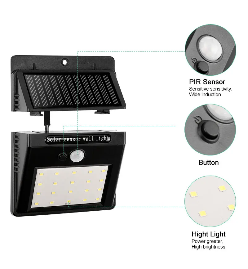 20 светодиодный разделяемый солнечный светильник, перезаряжаемый PIR датчик движения, активированный светильник на солнечной батарее, водонепроницаемый настенный светильник для безопасности сада