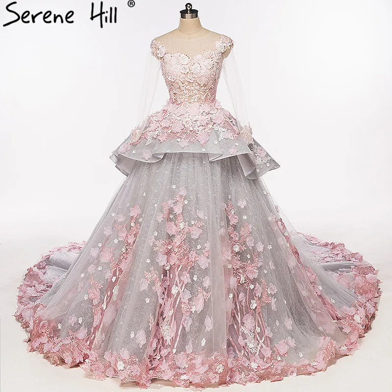 

Hot Sale Luxury Grey Pink Sexy Wedding Dress 3D Flowers Diamond Bridal Gown 2019 Real Picture shx001