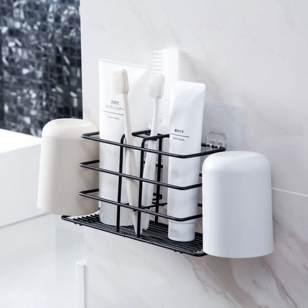 

OTHERHOUSE Iron Toothbrush Holder Wall Mounted Tooth Brush Cup Toothpaste Storage Rack Shelf Razor Holder Bathroom Organizer