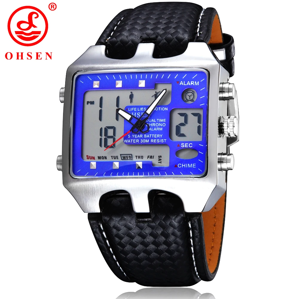  Mens Sports Watches Outdoor Military Watch Blue Dial Black Leather Strap OHSEN Casual Backlight LED
