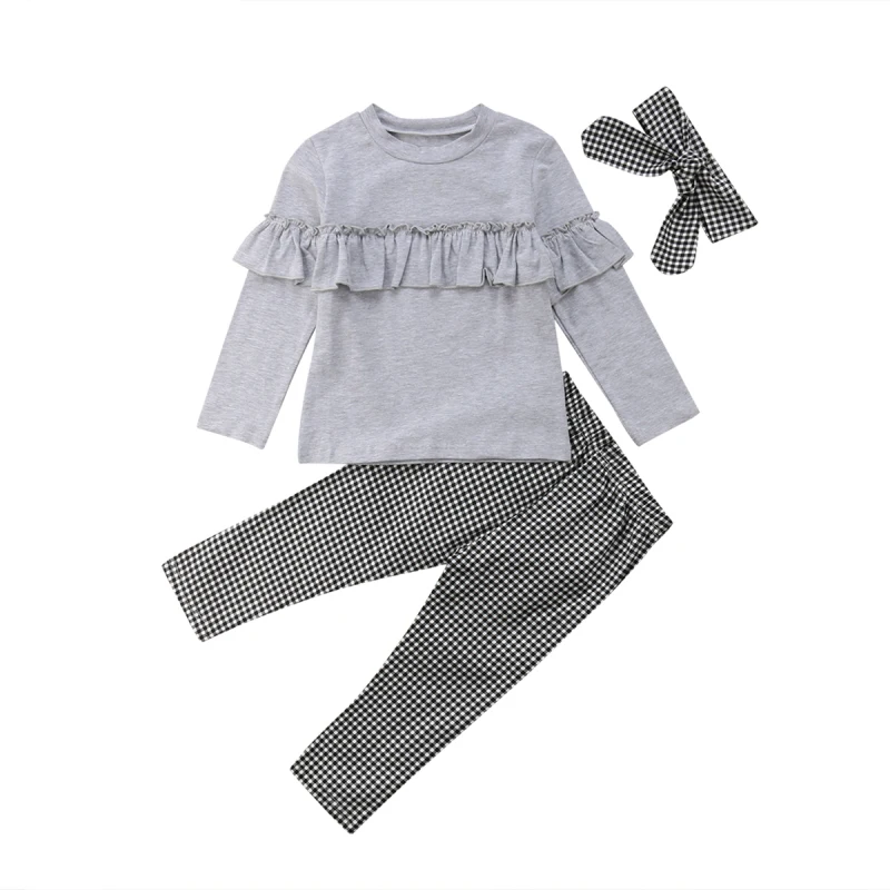 UK/детские клетчатые топы с оборками для маленьких девочек, штаны, леггинсы, комплекты одежды из 3 предметов