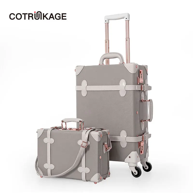 COTRUNKAGE Grey 12&quot; 20&quot; 26&quot; Retro Pu Leather Vintage Suitcase Rolling Trunk 2 Piece Luggage Set ...