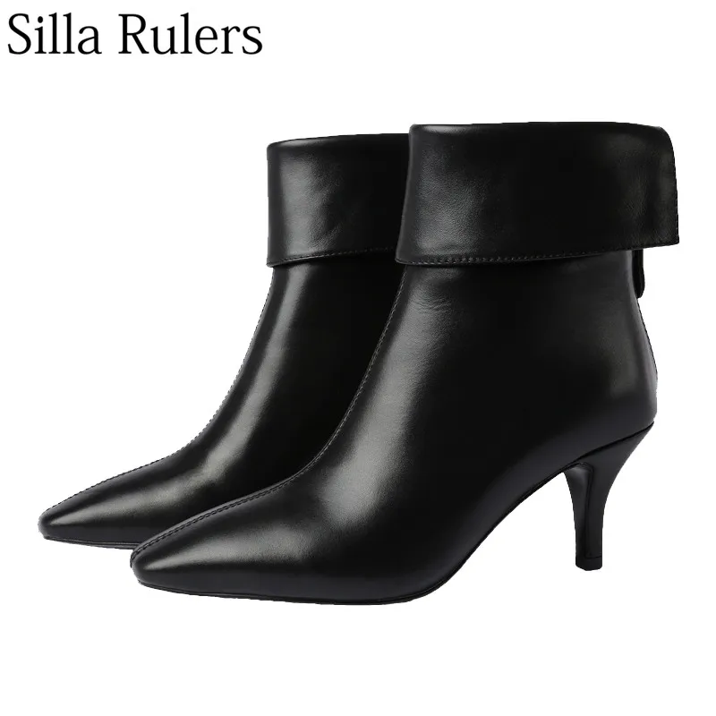

Silla Rulers autumn winter leather square toe women's boots thin heel Short boots woman Post zipper fashion High heel boots
