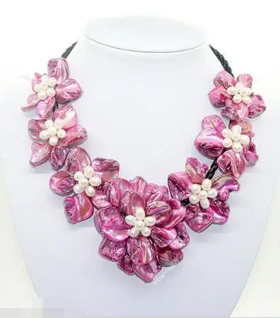 

Wholesale price 16new ^^^^ fashion jewel white pearl pink mother of pearl shell weave 7 flower necklace 18