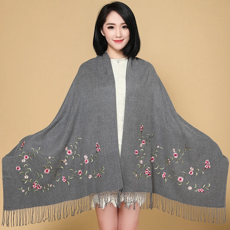 

Hot Sale Gray Embroider Flower Scarf Ladies Winter Thickening Warm Tassels Shawl 100% Soft Pashmina Cashmere Shawl for Women