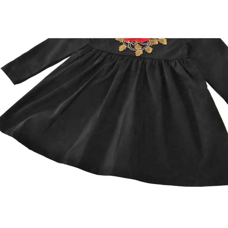 New Fashion Girls Dress Embroidery Big Flower Baby Girls Dresses Black Long Sleeve Fall Girls Clothing Party Girls Outfit  (2)