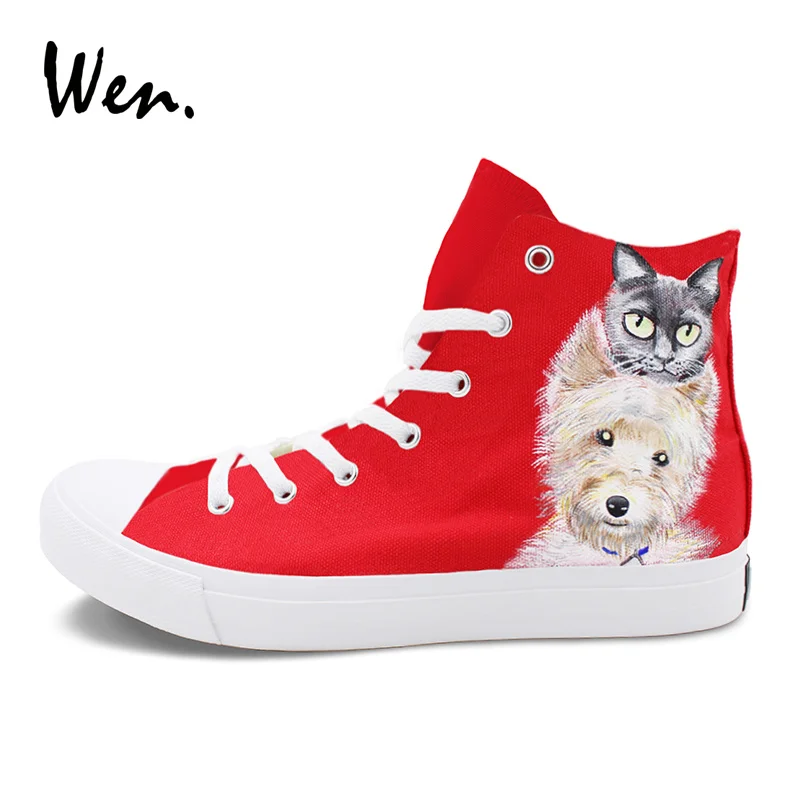 

Wen Red Painting High Top Canvas Shoes Custom Design Pet Dog Cat Hand Painted Sneakers Unisex Sport Skate Shoes