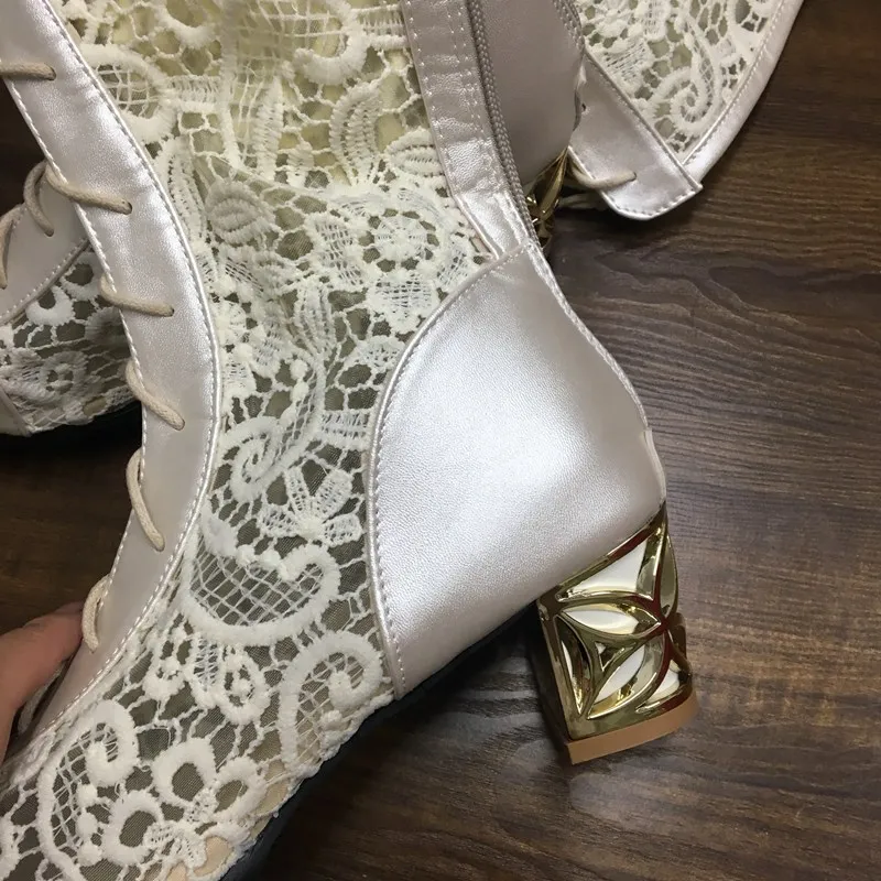 ORCHA LISA/женские летние сапоги женские сапоги до колена пикантная обувь на квадратном каблуке, с открытым носком, черного цвета, с кружевом, с вырезами, с цветочным узором, большой размер A697c