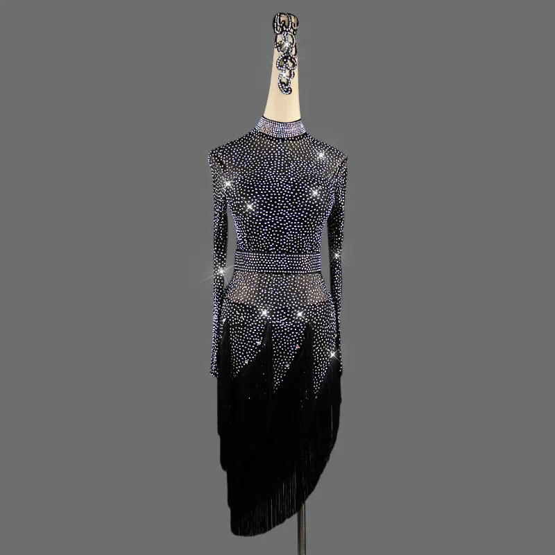 Платье для латинских танцев со стразами, женское высококачественное черное танцевальное платье с длинными рукавами, женская сексуальная одежда для выступлений для взрослых