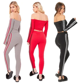 

ZOGAA Women Sets 2019 Sexy Off Shoulder Two Pieces Casual Tracksuit Side-striped Crop Tops Ankle-length Pants Sportwear Set S-XL