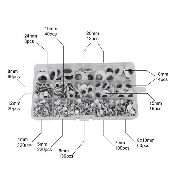Одна коробка, около 900 шт, разные размеры 5 мм-24 мм, для глаз, подвижные Глазные яблоки, пластиковые глаза с клейкой наклейкой для куклы, игрушки, сделай сам - Цвет: Approx 1000PCS