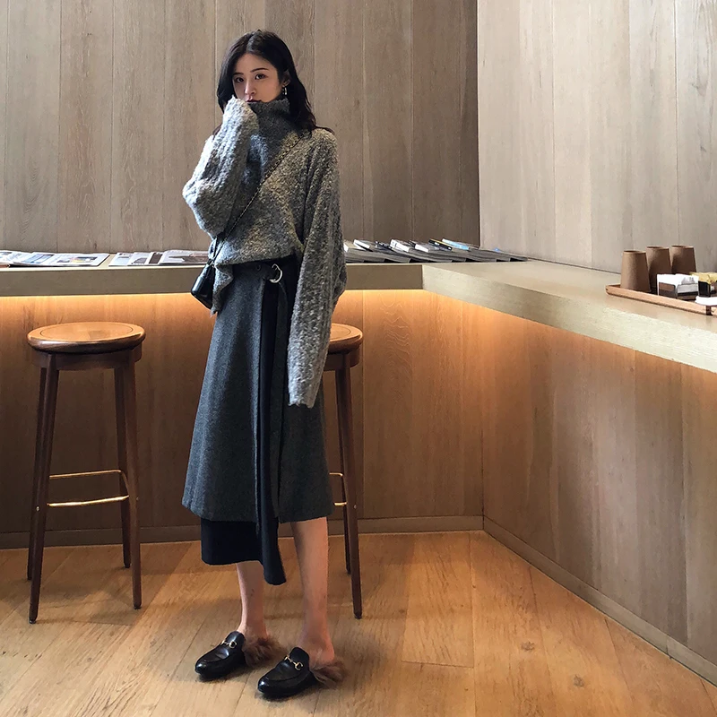 Mode Ceintures Jupe mollet Femme Automne Cru Patchwork Loisirs Gris Noir Laine Tempérament Femelle De Mi wCPqa