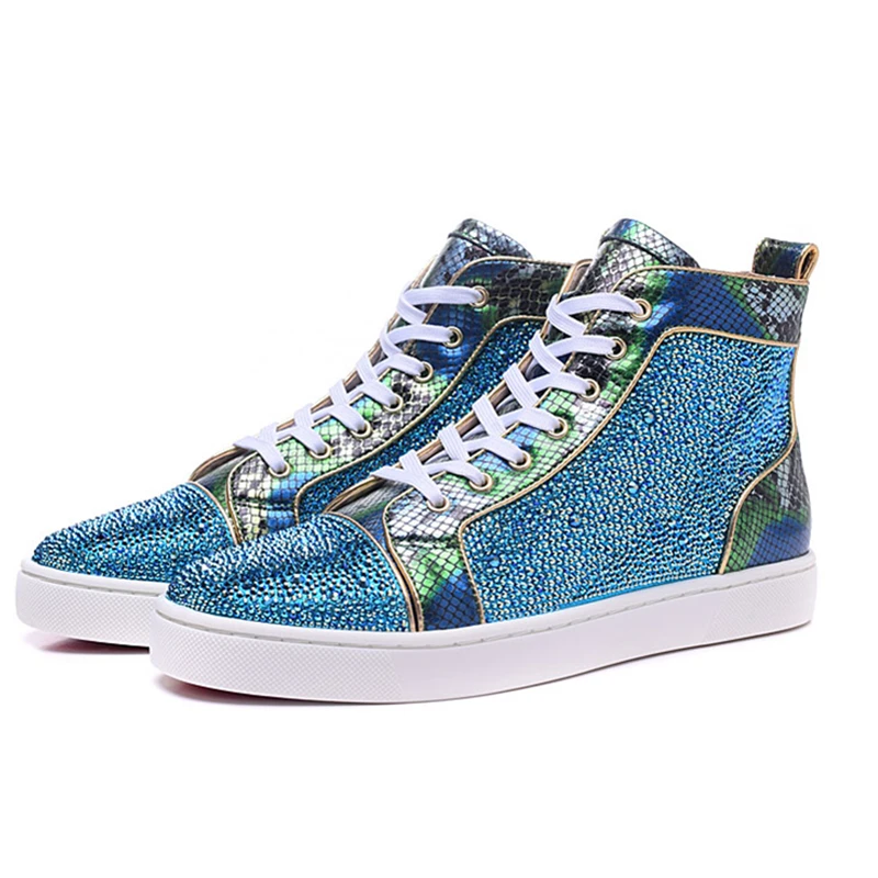 

2018 Patchwork Light Blue Mens Loafers Luxury Rhinestone High Top Lace Up Flats Casual Shoes Runway Party Wedding Smoking Shoes