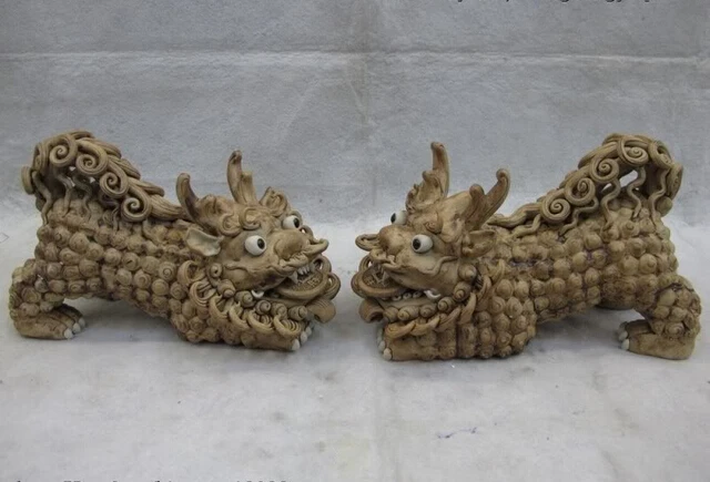 

song voge gem S0441 Chinese Folk Pottery porcelain Feng Shui Evil Fu Foo Dog Lion Kirin kylin Pair