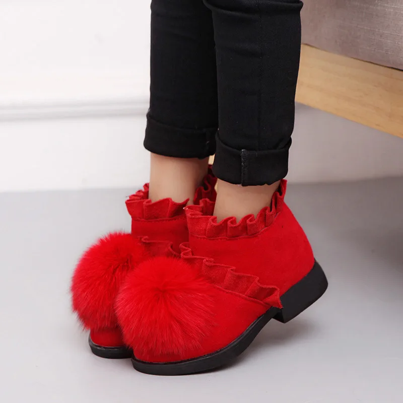 

SW25 Cute Autumn Winter Rubber Boots For Children Flock Fabric With Soft Pompom Ruffles Flouncing Warm Cotton Girls Boots