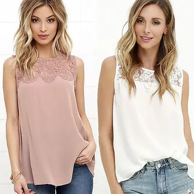 

Hirigin Women Summer Chiffon Floral Lace Floral Top Sleeveless Shirt O-Neck White Pink Colors Tanks Casual Tops
