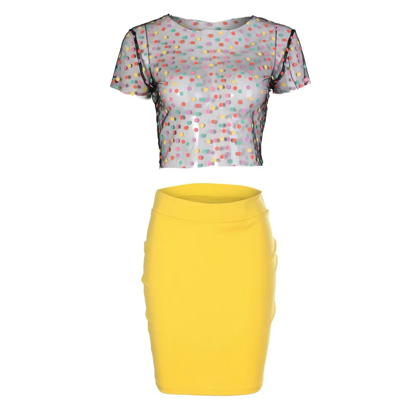 Women Sexy 2 Pieces Dot Print Mesh Short T-shirt Indie Fork Crop Top with Slim Mini Bandage Skirt Sets Casual Streetwear 3D07 (9)