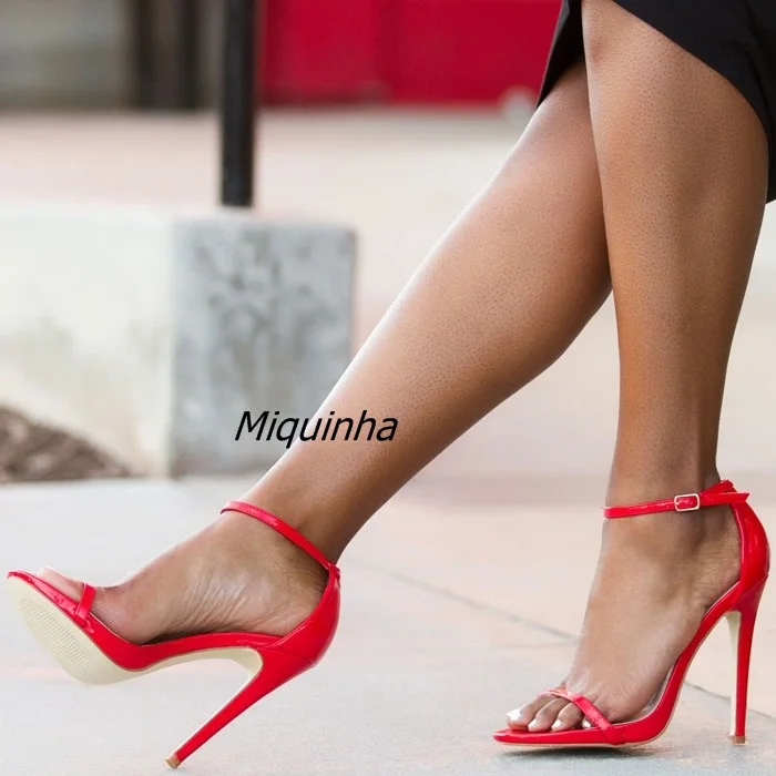

Concise Design Red PU Leather Thin Heel Sandals Sexy Band-let Buckle Style Open Toe Stiletto Heel Shoes Fashion Dress Sandals
