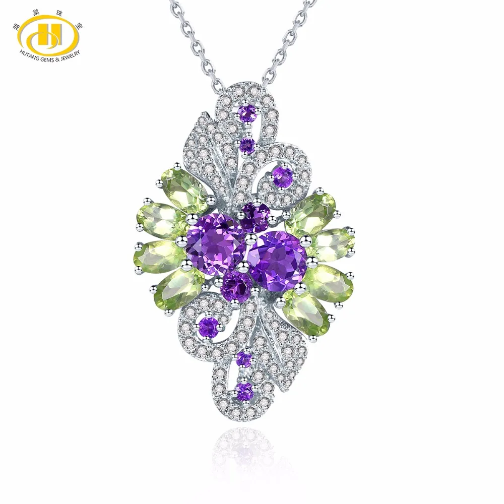 

Hutang Natural African Amethyst & Peridot Solid 925 Sterling Silver Pendant Necklace Gemstone Fine Stone Jewelry Women's Gift