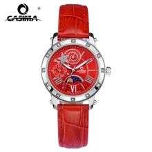 Fashion elegant red leather strap week date moon phase analog quartz female watch with waterproof and