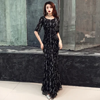 

2020 Saudi Arabic Black Sequins Mermaid Evening Dress Half Sleeves O-neck Elegant Women Formal Dress Party Prom Dresses LYFY98