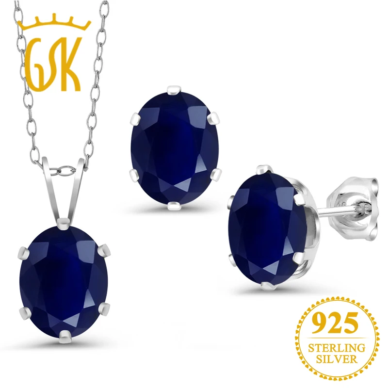 

GemStoneKing 5.37 Ct Oval Natural Blue Sapphire Engagement Jewelry Set 925 Sterling Silver Pendant Earrings Set For Women