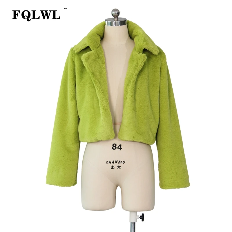 FQLWL Fluffy Faux Fur Coats Women Solid Furry Teddy Turn Down Collar Cropped Jacket Fur Female Overcoat Winter Warm Outerwear - Цвет: Зеленый