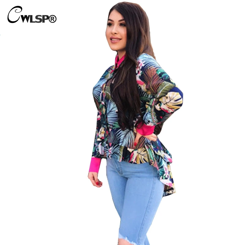 

CWLSP 2018 Women Chiffon Blouse Print Floral Long Sleeve Casual Ruffles Blouse For Lady Notched Patchwork With Button QZ2778