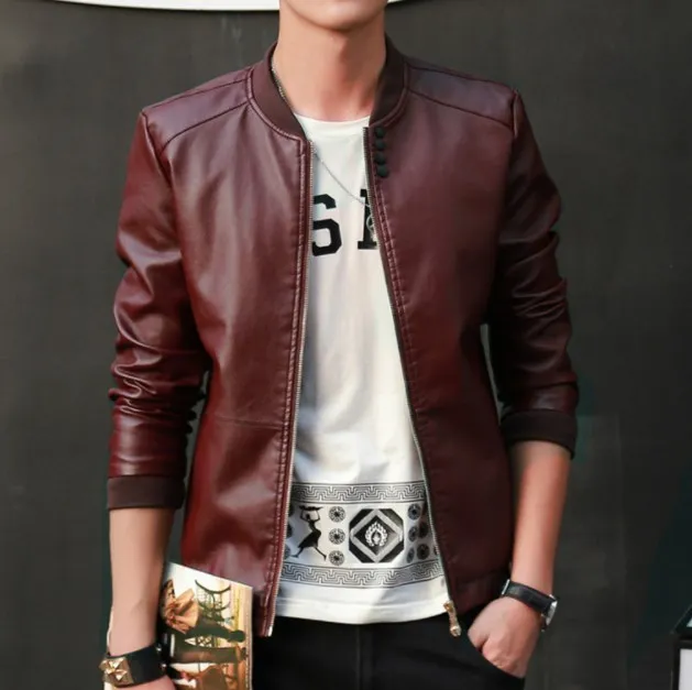 

Mens Blue Red Black Motorcycle Leather Jacket Slim Fit Casual Biker Faux Leather Jacket Men Zipper Stand Collar Pu Coat Male