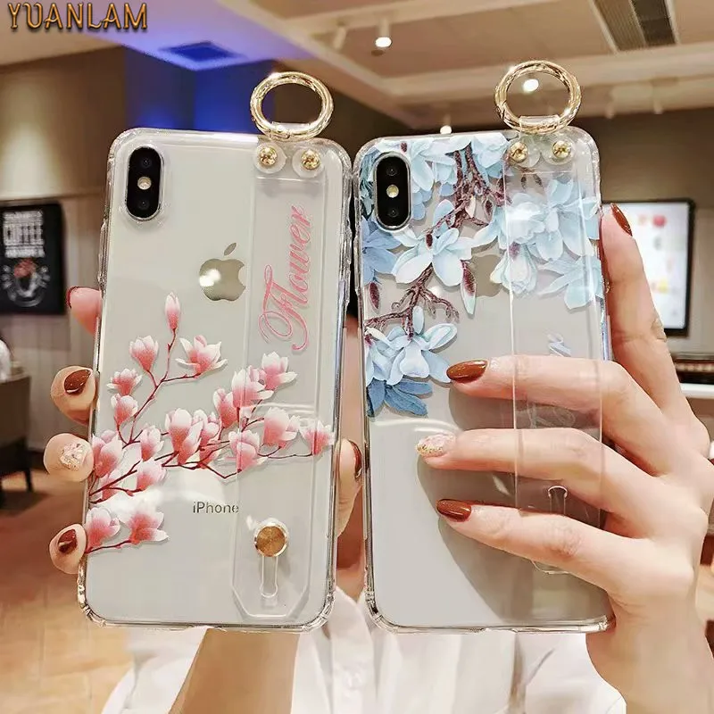 

Flowers Phone Case For iphone XS Max X XR 8 7 6 6S Plus Cover Wrist Strap Hand Band Cases Soft TPU Transparent Coque Stand Capa