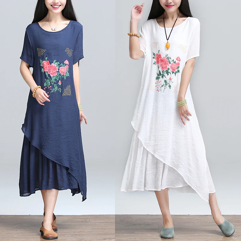 Summer Dress 2016 Women White Cotton Linen Dress Long Print Floral