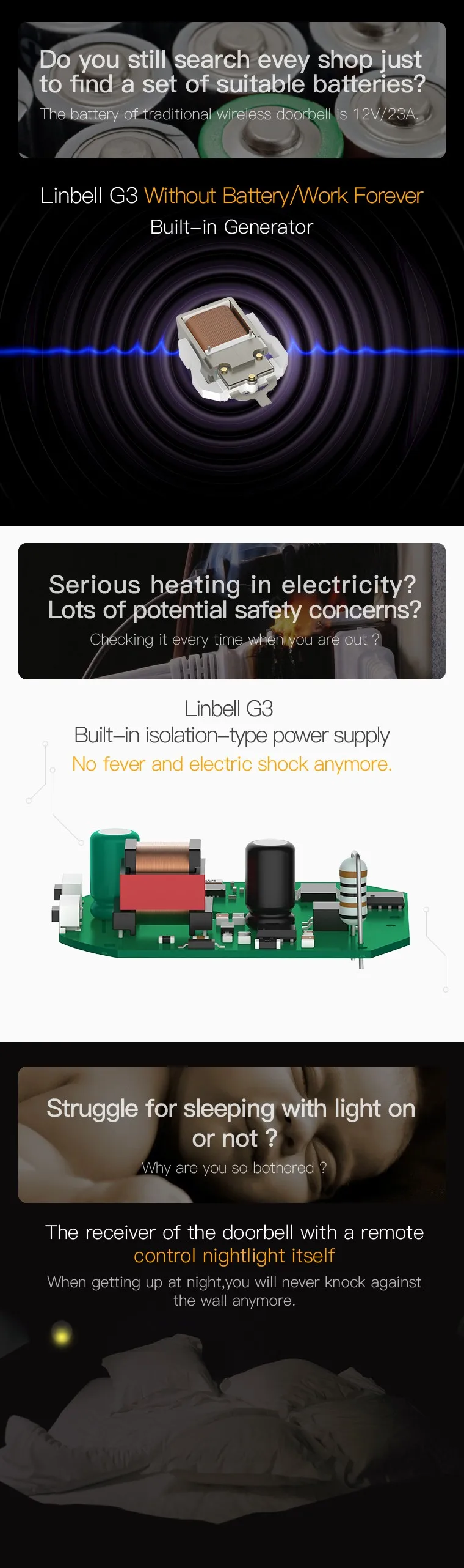 Linbell G3 самовосpower вающийся кинетический беспроводной дверной звонок EU/US/UK штекер, Длинные дверные кольца, домашнее кольцо, Ночной светильник, 1 кнопка, 1 2 приемника