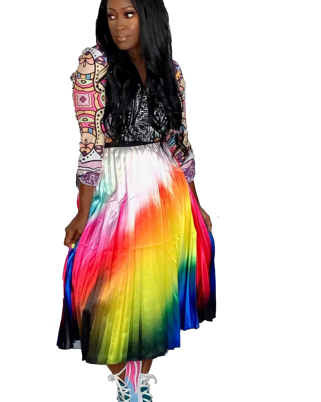 

2019 autumn women new colorful tie dye print high waist mid-calf length skirt vintage classic fashion pleated skirts GL225