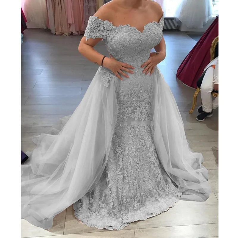 

Modest Mermaid Evening Gowns with Detachable Train Off Shoulder Silver Pink Long Prom Gowns Plus Size Women Vintage Party Dress