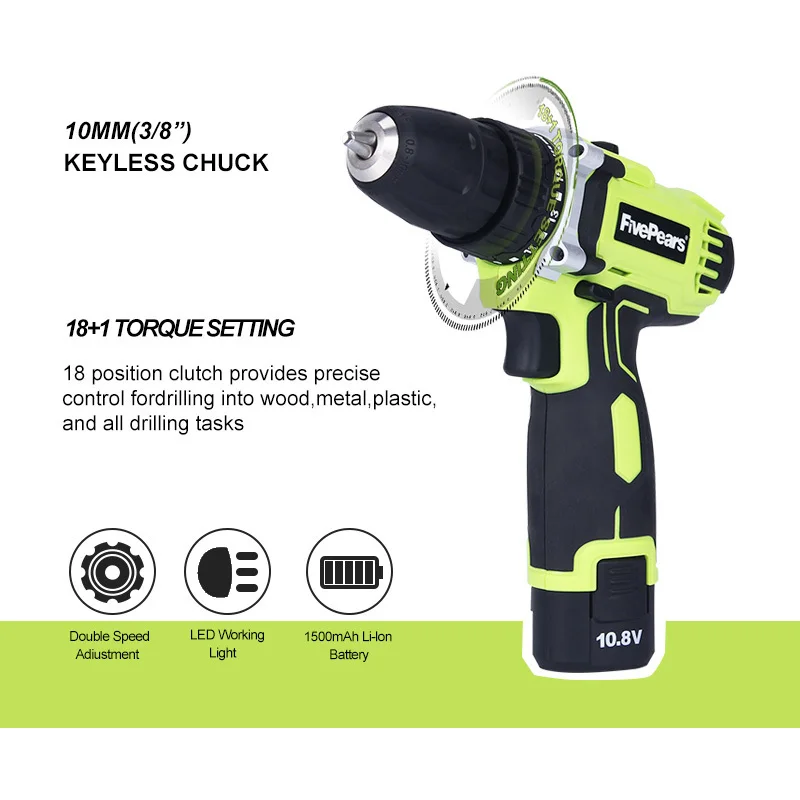 Fivepears 10.8-Volt DC Lithium-Ion Battery 10mm 2-Speed Electric Cordless Drill Mini Screwdriver Wireless Power Driver