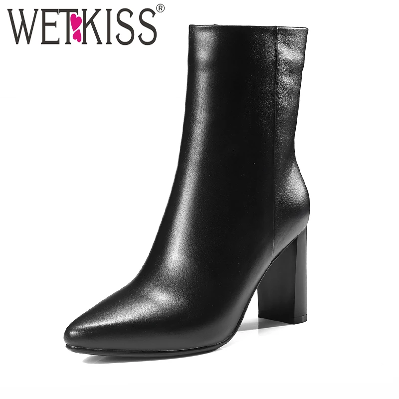 

WETKISS Sexy Pointed Toe Charming Ankle Boots Side Zip Autumn Winter Boots Natural Leather 2018 New Women's High Heel Shoes