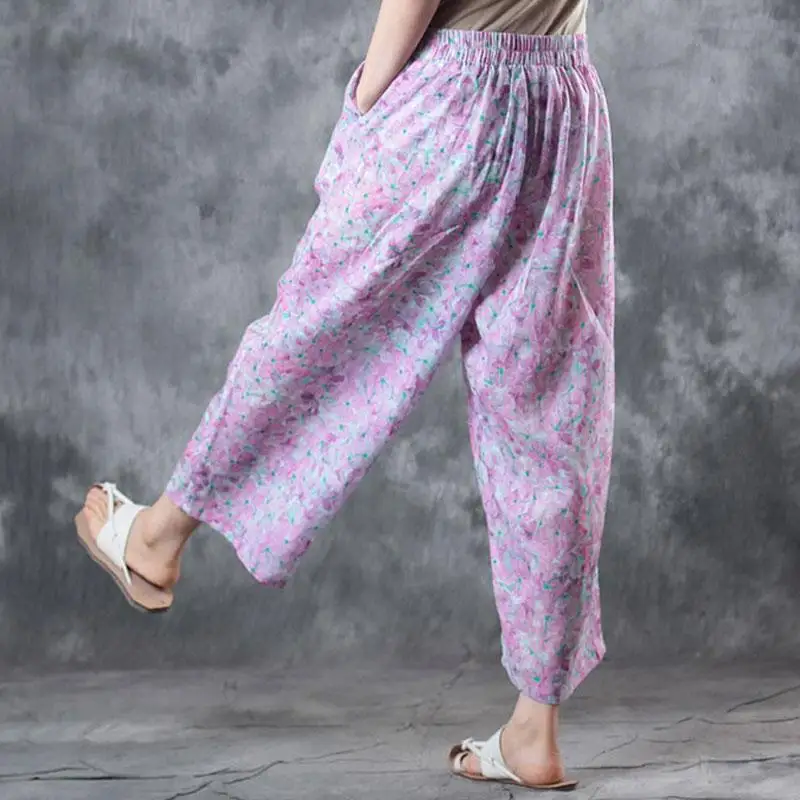 2018 Summer New Fashion Women Ladies Floral Wide Leg Pants Loose Print Ramie Trousers Stretch Waist Boho Pants OL Pantalon (5)